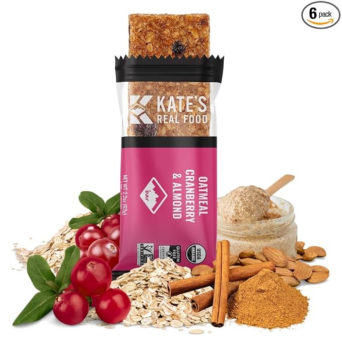 Kate’s Real Food Organic Energy Bars, Non-GMO, All-Natural Ingredients, Gluten-Free and Soy-Free Healthy Snack with Natural Flavors, Oatmeal Cranberry & Almond (Pack of 6)