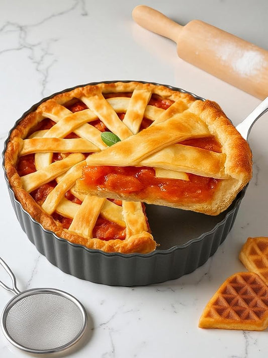 Yamteck 9.5*2.2 Inch Deep Tart Pan w/ Pie Cake Server. Removable Bottom, Non-Stick Coating, Rugged Carbon Steel for Tart Quiche Baking. Gift for Women Wife Christmas Thanksgiving Party Festival Family