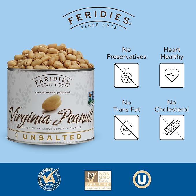 FERIDIES Unsalted Virginia Peanuts Cooked in Pure Peanut Oil, Cholesterol-Free, Ou Kosher, Non-Gmo Certified 36oz Pack of 2