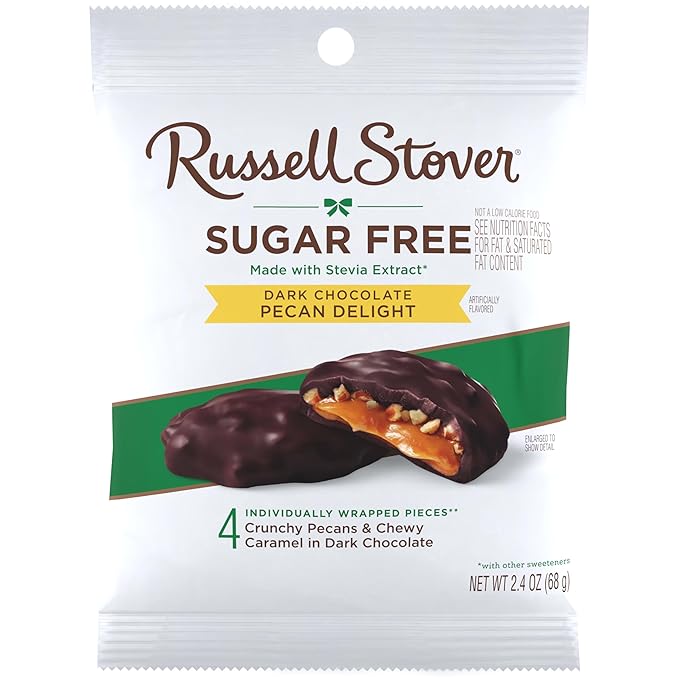 RUSSELL STOVER Sugar Free Dark Chocolate Pecan Delight Candy, 2.4 oz. bag (Pack of 10)