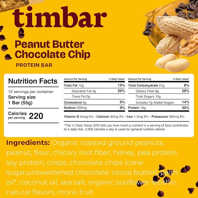 timbar Plant-Based Protein Bars, Peanut Butter Chocolate Chip | 15g Plant Protein, 8g Prebiotic Fiber | Gluten & Dairy Free, Non-GMO, No Sugar Alcohols (Pack of 12)