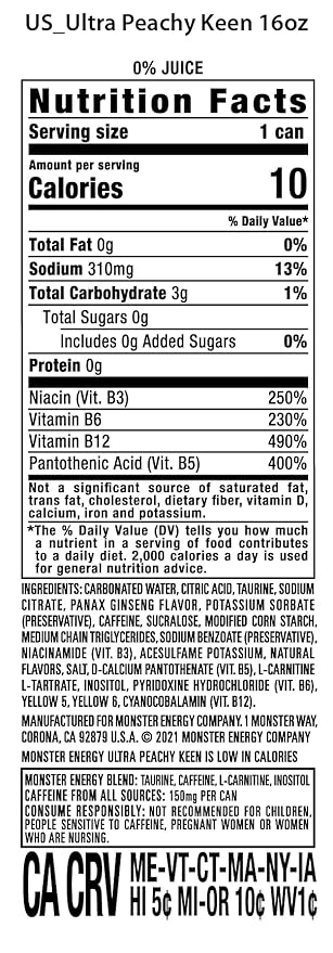 Monster Energy Ultra Peachy Keen, Sugar Free Energy Drink, 16 oz | Pack of 15