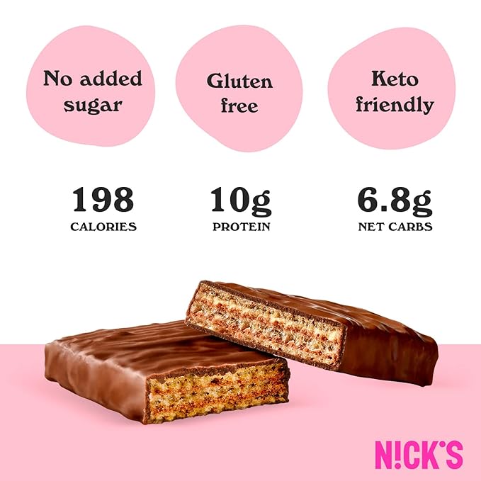 NICKS Protein Wafer Bar | 25% Protein (10g) 198 Calories | Low Carb Chocolate Cookie Bar Snack with No Added Sugar, Gluten Free, Chocolate (24 bars x 40g)