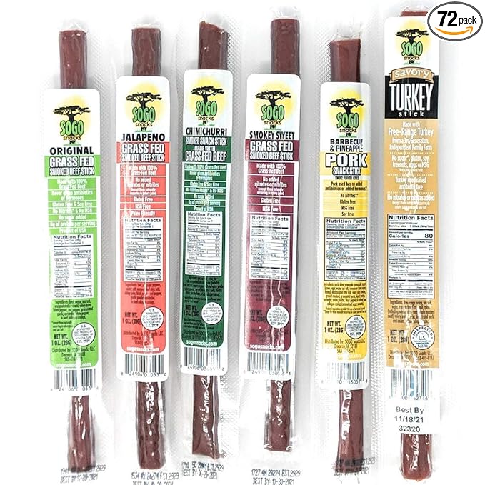 6 Flavor Variety Meat Sticks. No Added Nitrates, Gluten, Soy, MSG, Dairy or Nuts. 4, 100% Grass-fed Beef flavors, 1, Free-Range Turkey Flavor & 1, Natural Pork Flavor (12 of Each, 72-cnt, 1-oz Stick)