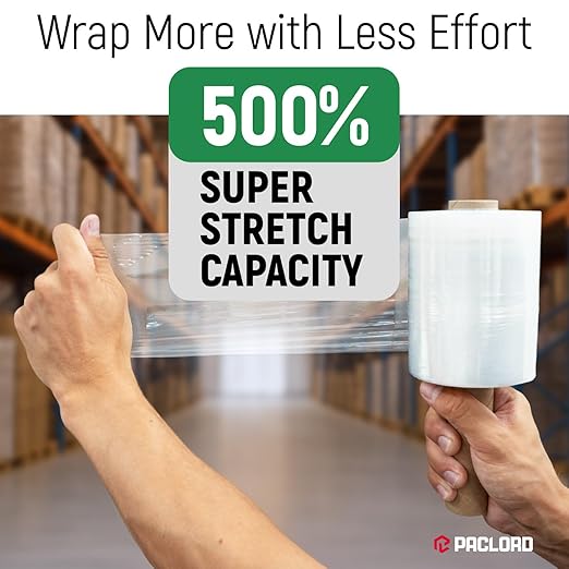 Paclord 5" x 1000' Industrial Strength Clear Stretch Wrap with Extended Core Handle, Ready to Use Pack of 1 Stretch Film Mini Roll, 80 Gauge Thick, 500% Elongation - Shrink Wrap for Moving, Packing
