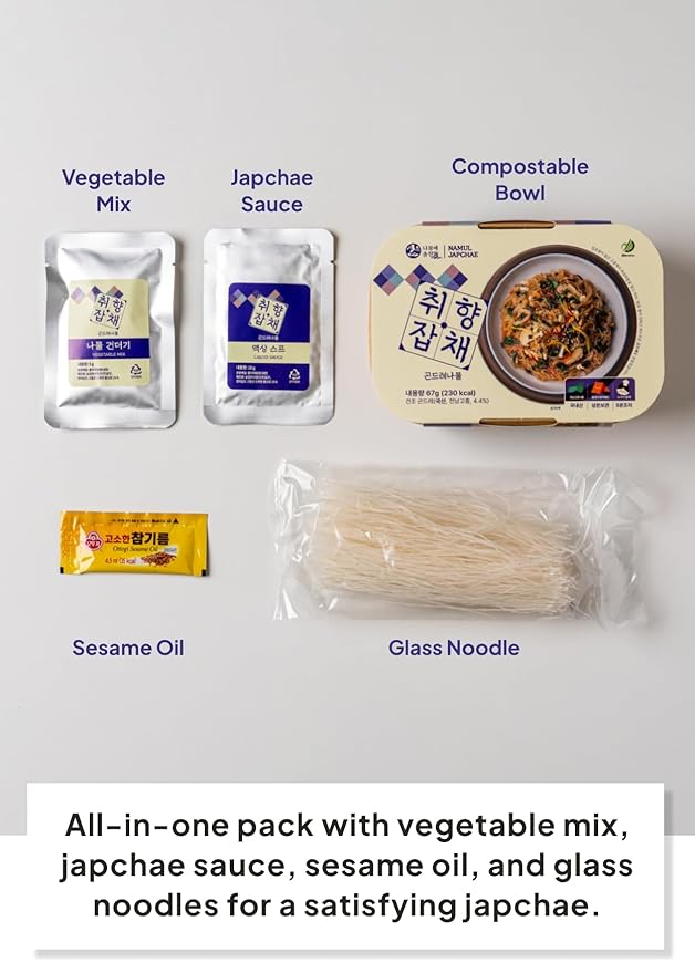Korean Food Vegan Japchae Noodle Kit with Korean Thistle (Gondre) – Korean-Style Glass Noodles, Plant-Based Meal, 1 Serving (2.36 oz / 67g)