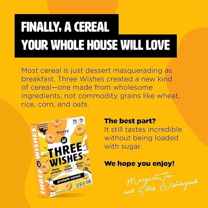 Protein and Gluten-Free Breakfast Cereal by Three Wishes (1-Pack) - High Protein and Low Sugar Snack - Vegan, Kosher, Grain-Free and Dairy-Free - Non-GMO (Honey)