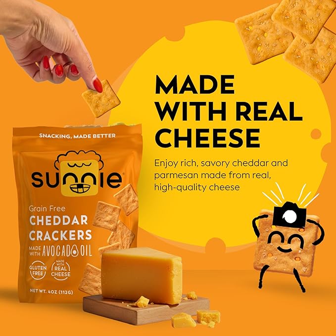Sunnie Gluten Free Cheddar Crackers, Healthy Grain-Free Cracker Made with Real Cheese, Snacks for Kids & Adults, Made with Avocado Oil, Low Calorie Snack, 4 oz, Pack of 9