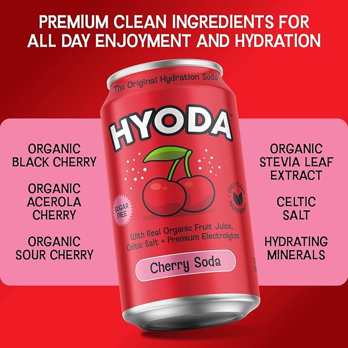 HYODA Cherry Soda, Gluten Free and Vegan Sparkling Electrolyte Drink, Made with Organic Cherry Juice, Celtic Salt, and Calcium, Keto, Zero Sugar, Plant Based, Caffeine Free, 12 FL OZ Cans, 12 Pack