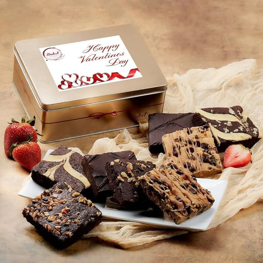 Dulcet Gift Baskets Valentines Day Chocolate Fudge Brownie Assortment Gift Tin Delicious, Baked Snacks Chocolate Cheese Walnut Fudge Chocolate Chip Blondie Great Valentines Gift for Women Wife Girlfriend Boyfriend Mom Friend