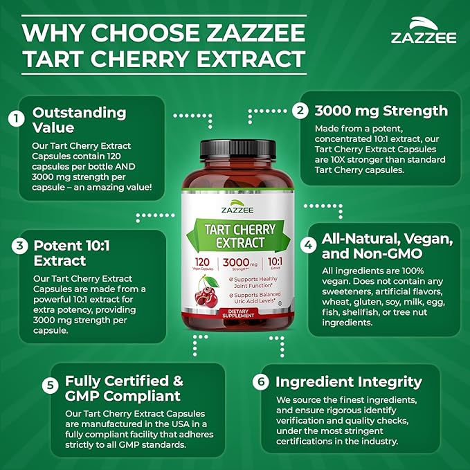 Zazzee Tart Cherry 10:1 Extract, 3000 mg Strength, 120 Vegan Capsules, 4 Month Supply, Certified Kosher, Concentrated and Standardized 10X Extract, 100% Vegetarian, All-Natural, Gluten Free, Non-GMO