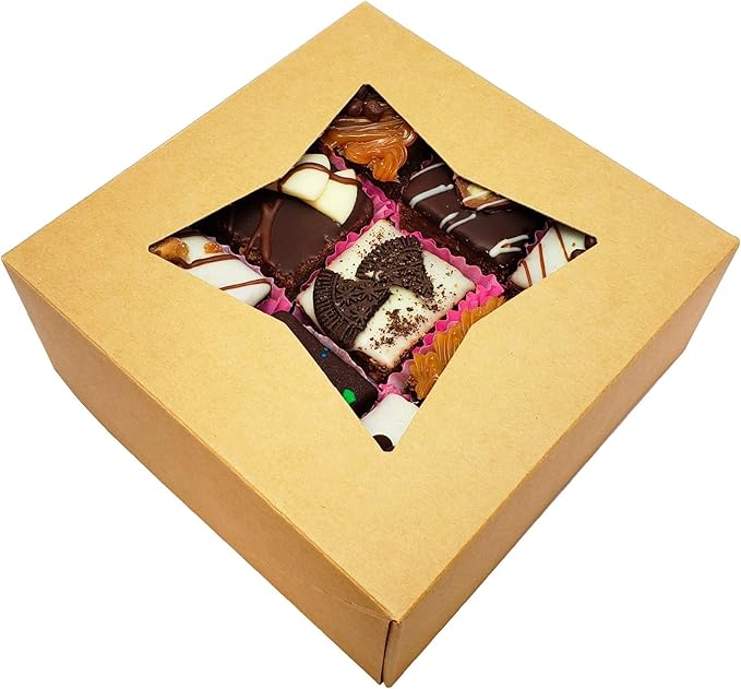 BAKELUV 50 pcs Brown Bakery Boxes with Window 6x6x2.5 Inches Cookie Boxes, Pastry, Treats, Dessert, Small Cake, Brownie, Cupcakes, Chocolate Covered Strawberries | Auto-Popup |