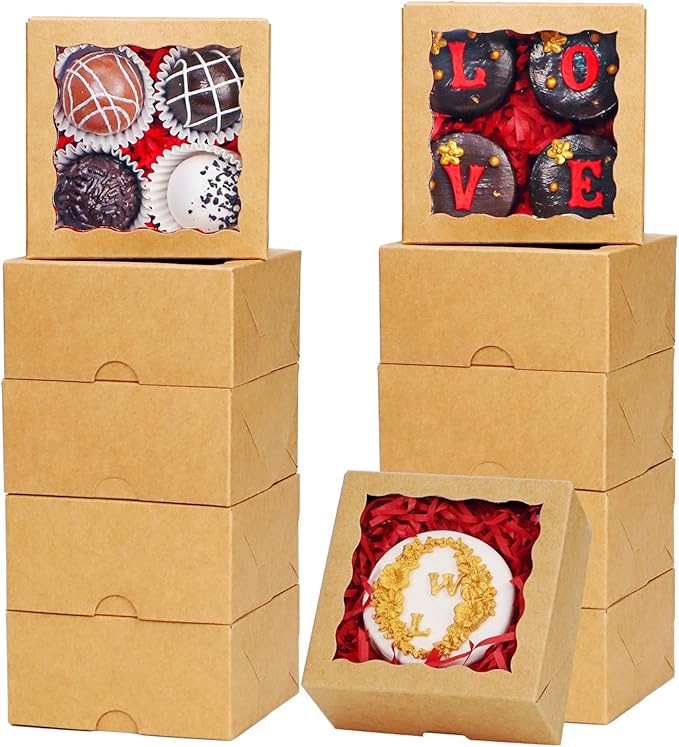 JCXGRVC 100 Pack Cookie Boxes with Window 4x4x2 Inch,Bakery Boxes, Chocolates Strawberries,Treat Boxes, Mini Cake Boxes, Pastry Dessert Boxes for Candy, Cupcakes- Brown Paper
