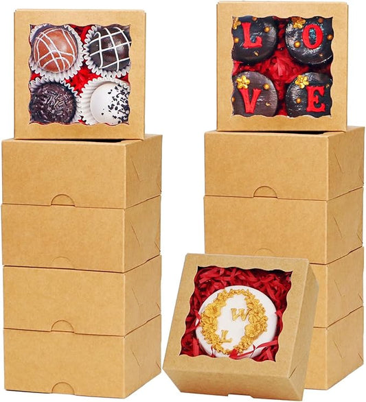 JCXGRVC 100 Pack Cookie Boxes with Window 4x4x2 Inch,Bakery Boxes, Chocolates Strawberries,Treat Boxes, Mini Cake Boxes, Pastry Dessert Boxes for Candy, Cupcakes- Brown Paper