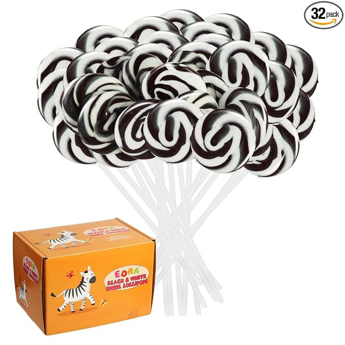 Black Swirl Lollipops 32 Pack, Black & White Candy Swirl Lollipops Individually Wrapped Suckers, Halloween Suckers Lollipops Candy Bulk – Trick or Treat, Blackberry Flavor