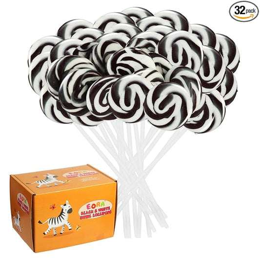 Black Swirl Lollipops 32 Pack, Black & White Candy Swirl Lollipops Individually Wrapped Suckers, Halloween Suckers Lollipops Candy Bulk – Trick or Treat, Blackberry Flavor