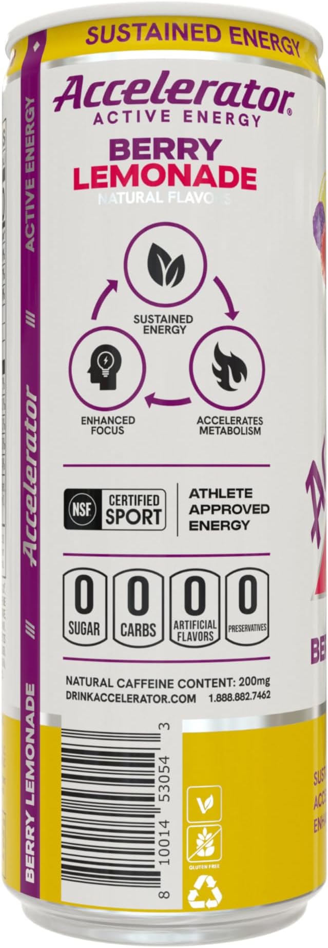 Accelerator Energy Drink, Berry Lemonade 12oz can (12 pack), Zero Sugar, Sustained Energy from 100% Natural Caffeine (200mg from Green Coffee Bean & Green Tea extract)