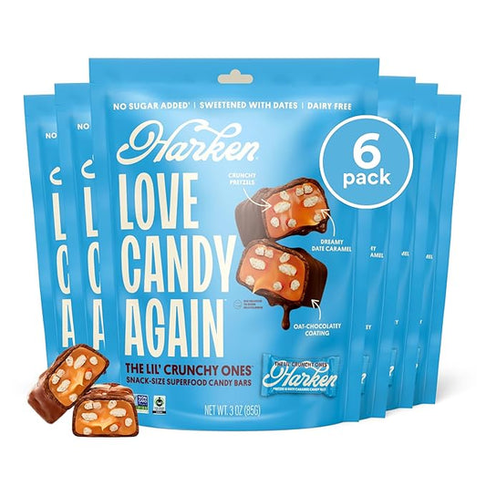 Harken Sweets The Lil’ Crunchy Pretzely One Mini Candy Bars: High Fiber Vegan Chocolate Pretzel Snack with Date Caramel – Plant-Based, Gut-Friendly, No Added Sugar, 6-Pack (30 Bars)