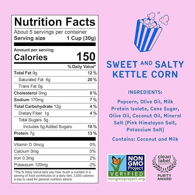 Khloud Protein Popcorn - Sweet & Salty Kettle Corn - 7g Protein Snacks for Adults & Kids - Flavored Popcorn Made with Real Ingredients & Milk Protein Isolate - Non-GMO, Gluten-Free, Kosher - 5oz, 4pk
