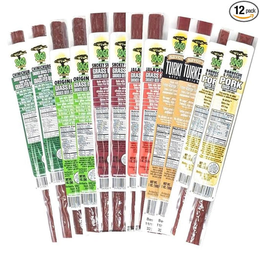 6 Flavor Variety Meat Sticks. No Added Nitrates, Gluten, Soy, MSG, Dairy or Nuts. 4, 100% Grass-fed Beef flavors, 1, Free-Range Turkey Flavor & 1, Natural Pork Flavor (2 of Each, 12-cnt, 1-oz Stick)