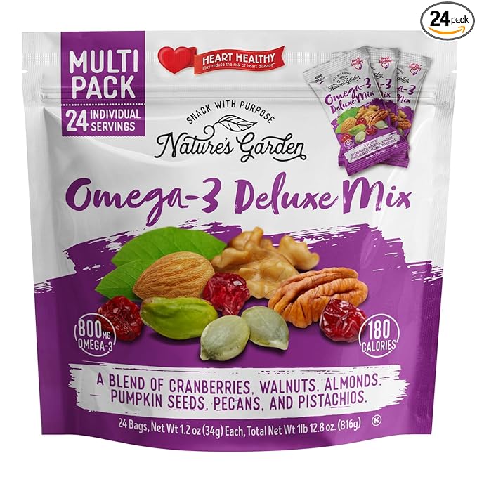 Nature's Garden Omega 3 Deluxe Mix - Trail Mix Nuts, Heart Healthy, Gluten Free, Cholesterol Free, Sodium Free, No Artificial Ingredients - 1.2 oz Bags (24 Individual Servings)