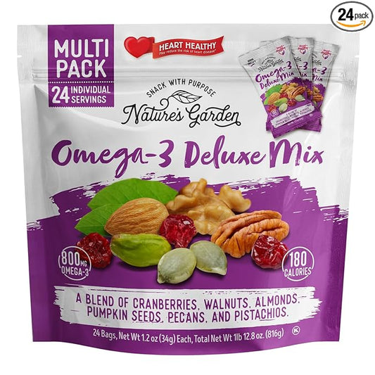 Nature's Garden Omega 3 Deluxe Mix - Trail Mix Nuts, Heart Healthy, Gluten Free, Cholesterol Free, Sodium Free, No Artificial Ingredients - 1.2 oz Bags (24 Individual Servings)