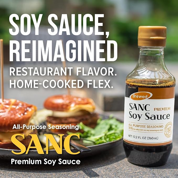 SANC All Purpose Premium Soy Sauce, 12.2 Fl Oz (Upgraded Version) – No high fructose corn syrup, Less-Sodium Salt Substitute, NON-GMO Bean, No Artificial Additives, Naturally Brewed Soy Sauce