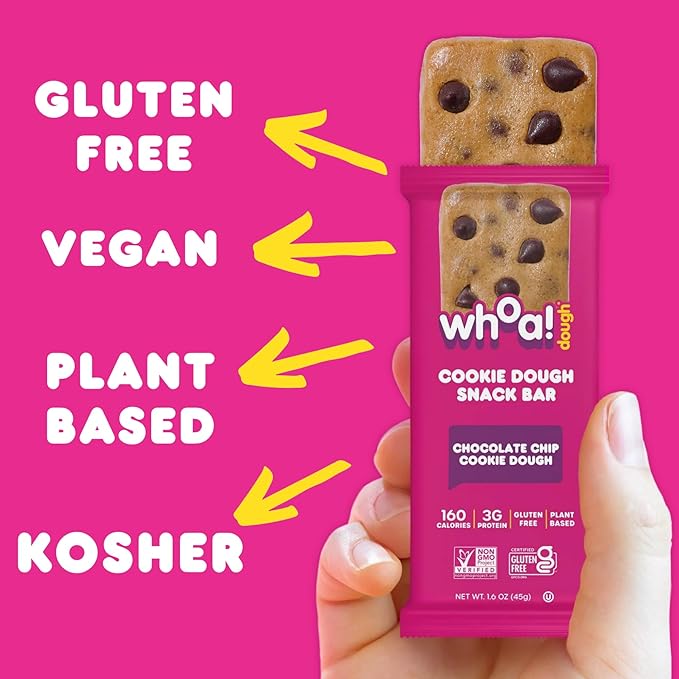 Whoa Dough Edible Cookie Dough Bars- Certified Non-GMO, Kosher and Gluten Free Bars - Healthy Snack Foods - Plant Based Snacks Made With Real Ingredients - Chocolate Chip Cookie Dough - 4 Pack