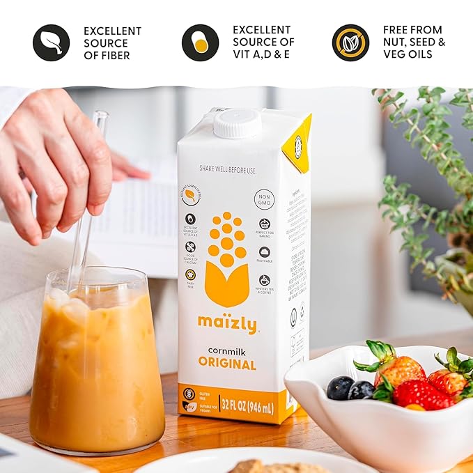 Maizly 32 fl oz | Non‑GMO Corn Milk Alternative | Allergen‑Free, Seed‑Oil‑Free, Smooth & Neutral Flavor | Excellent Source of Fiber & Vitamins A, D, E, and a Good Source of Calcium | Great for Homes, Cafés & Daily Use (32 Fl OZ (Pack of 6), Maizly Orig...
