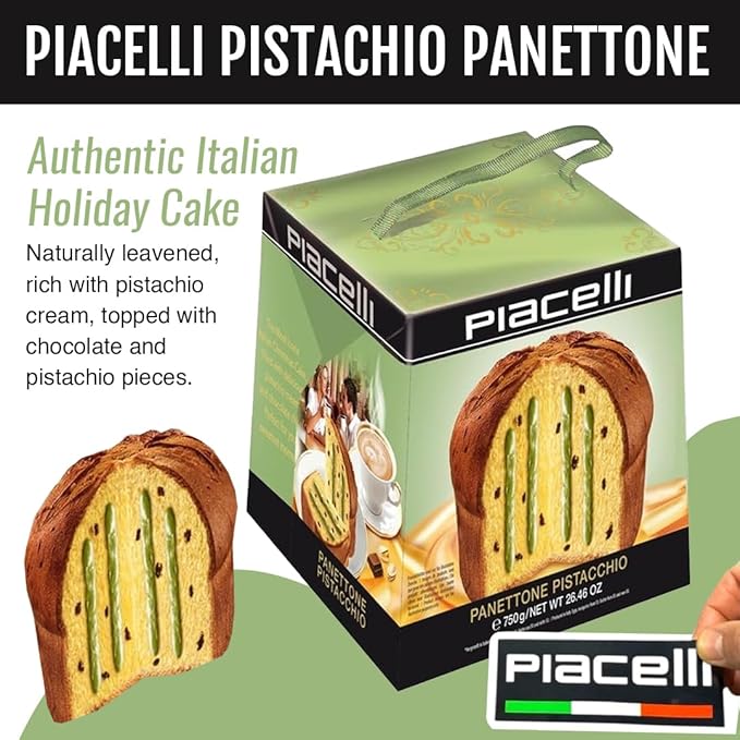 PIACELLI Italian pistachio with Piacelli Sticker - Authentic Italian Dessert with chocolate chips - Pistachio Cake Imported from Italy - Holiday Cake Ideal for Christmas & Special Occasions - 750g