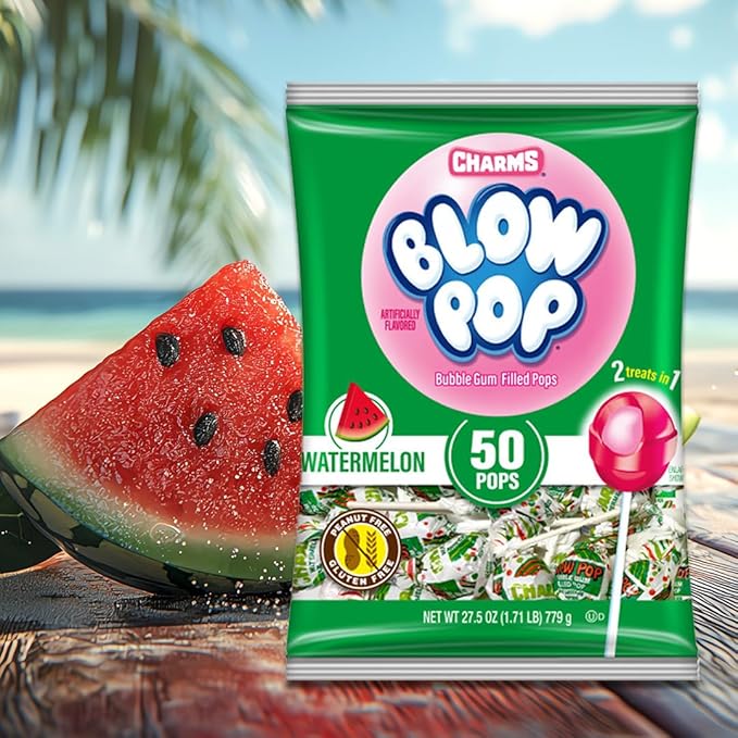 Charms Blow Pop Single Flavor Bag - Watermelon Flavored Lollipops with a Bubble Gum Center - Individually Wrapped Hard Candy - Pink Candy - Peanut Free, Gluten Free, 50 Count (Pack of 1)