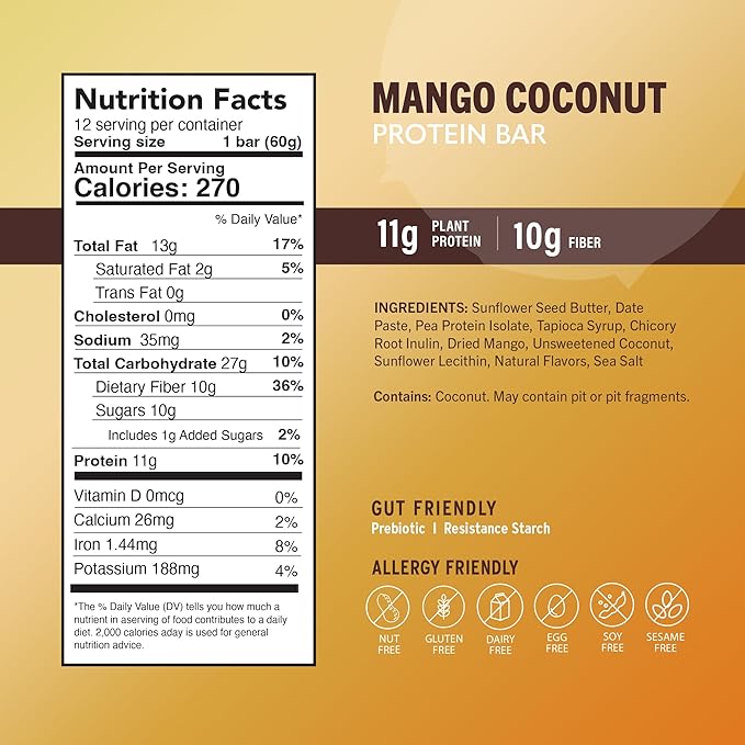 Amrita Mango Coconut High Protein Bars, 15g Plant Based Protein, Gluten-Free, Dairy-Free, Nut-Free, Low-Sugar Meal Replacement Bars, Vegan Snacks, 12 Bars