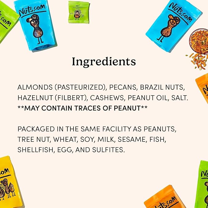 Nuts.com Roasted Mixed Nuts (50% Less Salt) – 24 Single Serve Snack Packs – Almonds, Cashews, Pecans, Brazil Nuts, Hazelnuts – Gluten-Free, Kosher, No Peanuts – Healthy Low Sodium Protein Snack