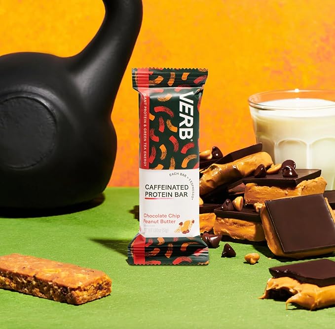 Verb Energy - Caffeinated Protein Bars Chocolate Chip Peanut Butter 10g Plant Based Protein Bars High Protein - Vegan Snack - Gluten Free Breakfast Snack with Organic Green Tea, 51g (Pack of 12)
