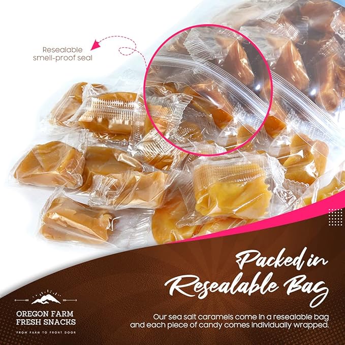 Oregon Farm Fresh Snacks Salted Caramel Gourmet Candy - Individually Wrapped Candy - Vanilla & Sea Salt Caramels - Soft & Chewy Oregon Products (32oz)