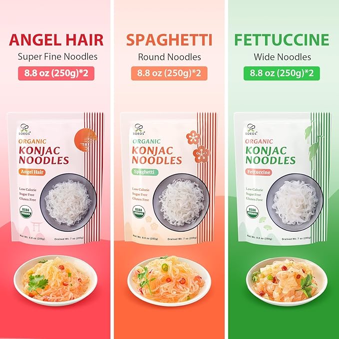 Soeos Konjac Noodles, Organic Shirataki Noodle, Low Calorie, Keto and Paleo Friendly, 3 Variety Noodles, 52.8 Ounce (Pack of 6)