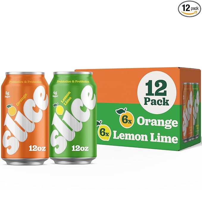Slice Healthy Soda, Lemon Lime & Orange Variety Pack, Prebiotic & Probiotic Soda Pop, 5g Fiber, 35-40 calories, 12 fl oz 12 Pack (6 of each flavor)
