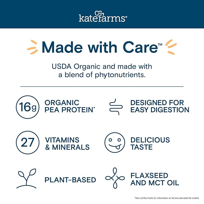 KATE FARMS Organic Nutrition Shake, Vanilla, 16g Protein, 27 Vitamins and Minerals, Protein Meal Replacement Drink & Shake, 11 oz (12 Pack)