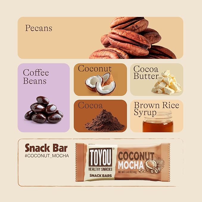 ToYou Gluten Free Chewy Fruit and Nut Bars - Healthy Protein Snacks | Coconut Mocha - 1.41 Ounce (Pack of 12) | Soft Chewy, Vegan, Fiber-Packed Granola Bars for Adults and Kids, Made with Natural Ingredients