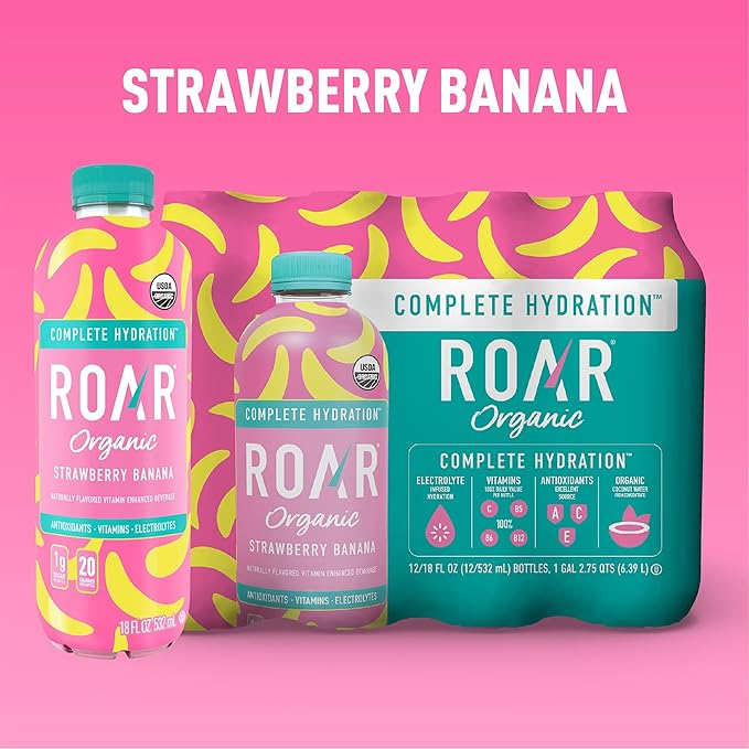 Roar Complete Hydration Organic - Electrolyte Drinks Loaded with Vitamins C, B5, B12 - Non-GMO, Gluten-Free - Strawberry Banana - 12 pc