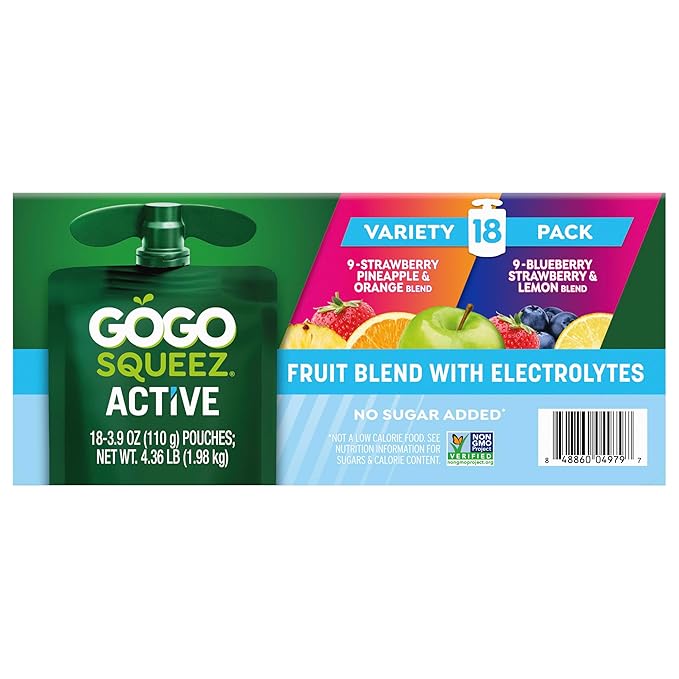 GoGo squeeZ Active Fruit Blend with Electrolytes | 18-Count Variety Pack | Blueberry Strawberry Lemon & Strawberry Pineapple Orange | Made with Real Fruit and Antioxidants Vitamin A, E, & C