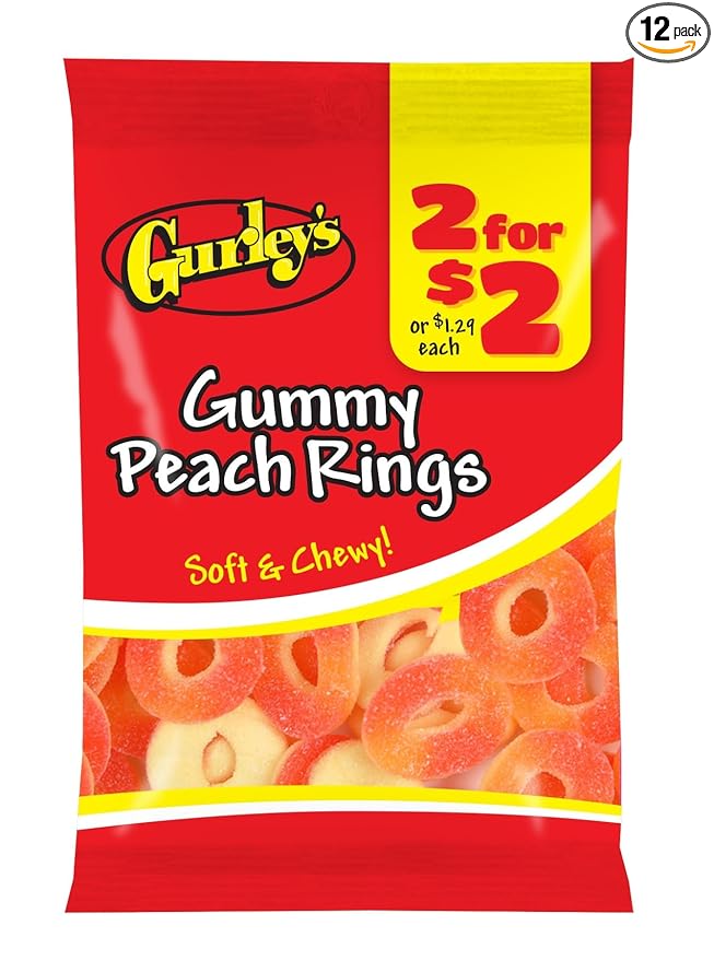 Gurley's Juicy Peach Gummi Rings, Sweet with a Tangy Twist (Pack of 12)