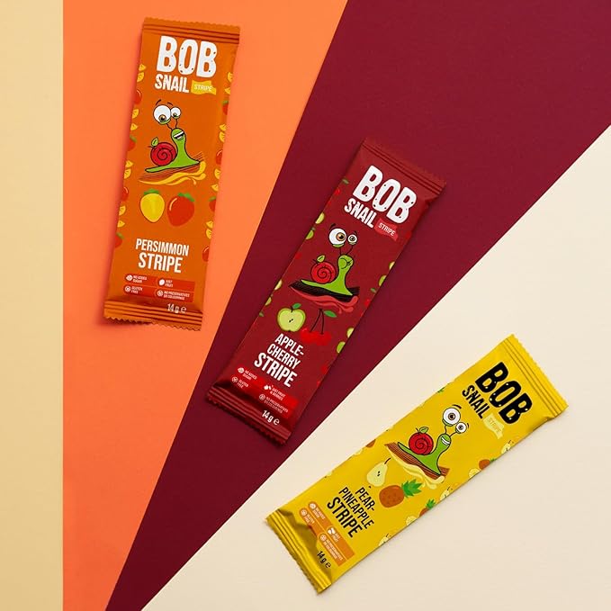 BOB SNAIL Healthy Fruit Snacks for Kids and Adults – 30 Fruit Leather Snacks with Persimmon, Pear-Pineapple,Cherry – Vegan Low-Carb Variety Pack Strips for Kids – Sugar Free Jerky Bars