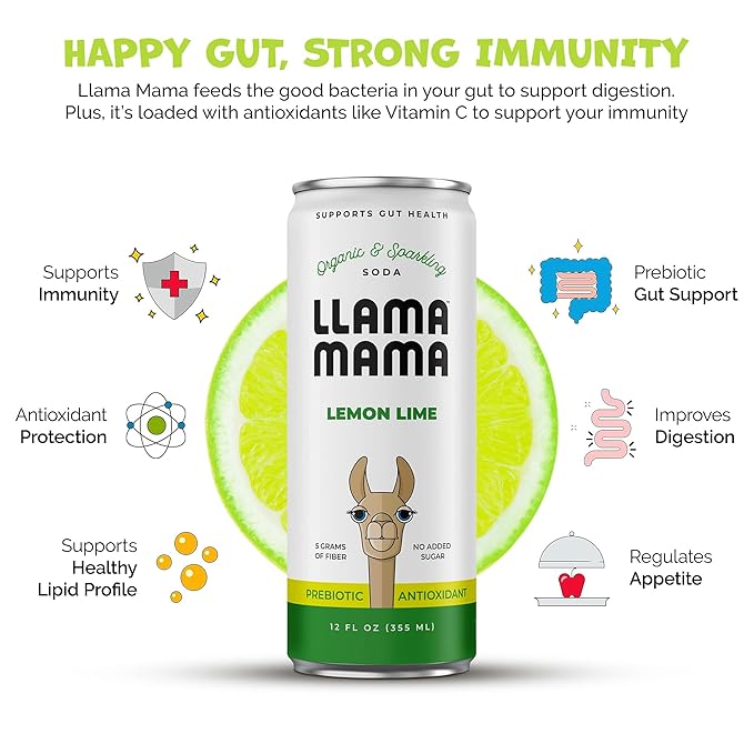 Llama Mama Lemon Lime Organic Sparkling Prebiotic Soda • Gut & Immune Support • High Vitamin C, Antioxidants • NO Sugar • NO Artificial Sweeteners • NO Stevia • Vegan Plant Fiber • 12 Pack