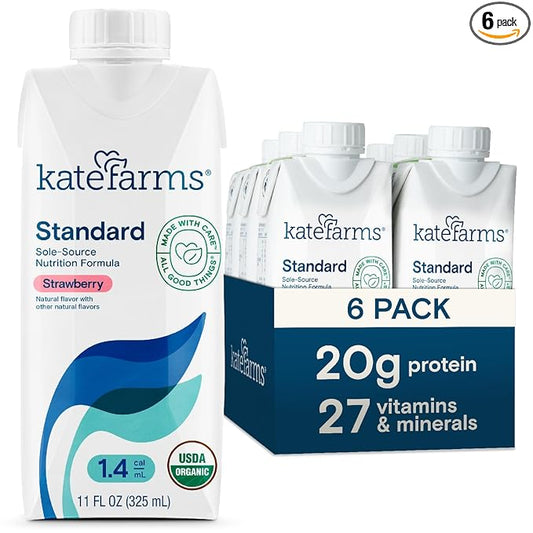 KATE FARMS Organic 1.4 High Calorie Nutrition Shake, Strawberry, 20g Protein, 27 Vitamins and Minerals, Meal Replacement, 11 oz (6 Pack)