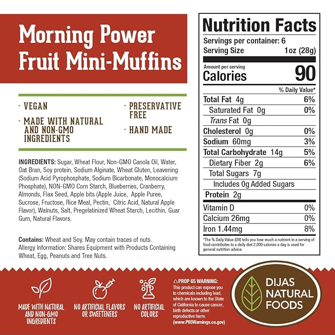 DIJAS Natural Foods Plant-Based 36-Vegan Mini Muffins ONLY $0.97-oz! Natural and Preservative Free Ingredients, Delicious Snack and Breakfast (36 Muffins) (Powerfruit)