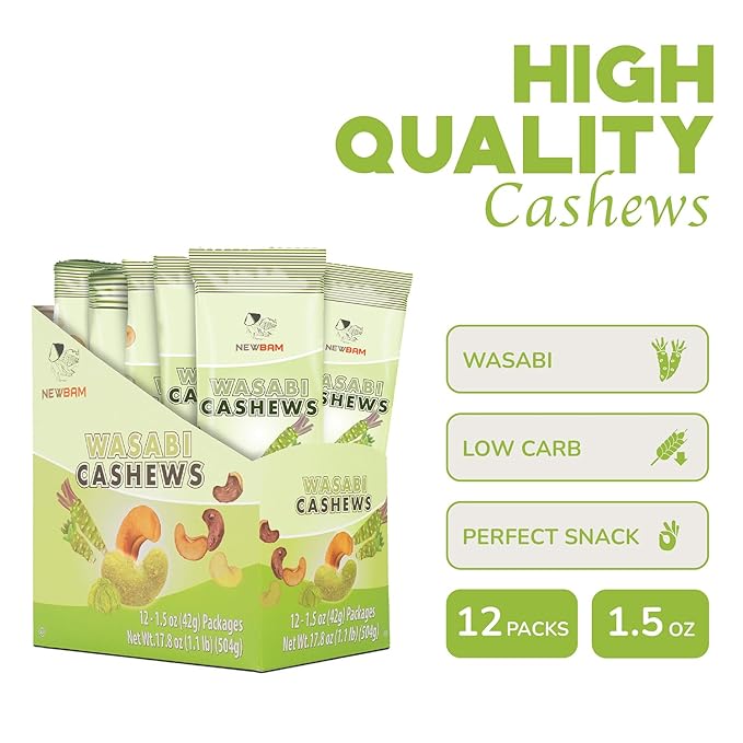 NEWBAM Wasabi Cashews Individual Packs - 12 Cashew Snack Packs Roasted Nuts (1.5oz Each) – Keto, Vegan - Healthy Snacks for Trail Mix, Office, or Party - Bold Flavor, Low Sugar