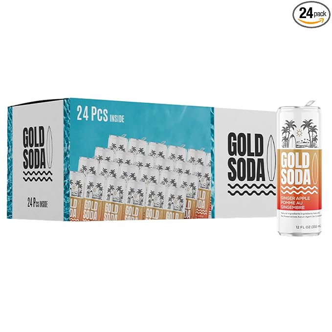 Gold Soda - Natural Ingredients - Organic Cane Sugar - Non-GMO - No Preservatives - Monk Fruit - Sparkling Water - Made with Natural and Organic Flavors,12 Fl Oz (24 Pack) (24 Pack, Ginger Apple)