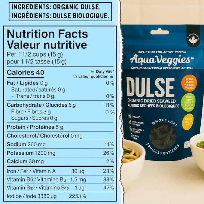 Aqua Veggies Organic Whole Leaf Dulse – 2oz(Pack of 1) – Atlantic Seaweed, Sun-Dried & Hand-Harvested – Rich in Iodine, B12, Vegan Protein – Gluten-Free Sea Vegetable Superfood