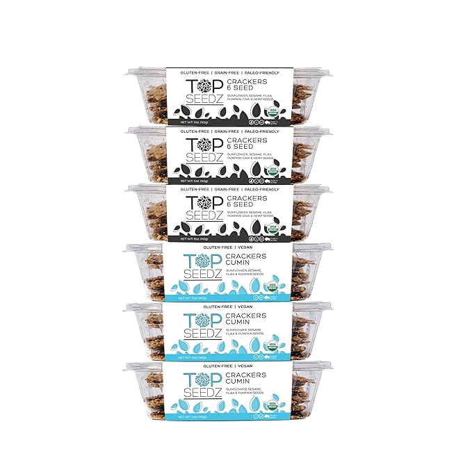 Top Seedz Certified Organic Gluten Free Cumin and 6 Seed Crackers | 6-Pack | 5 Ounces | Healthy Vegan Crackers with Plant Based Protein | Made of Sunflower, Flax, Sesame and Pumpkin Seed